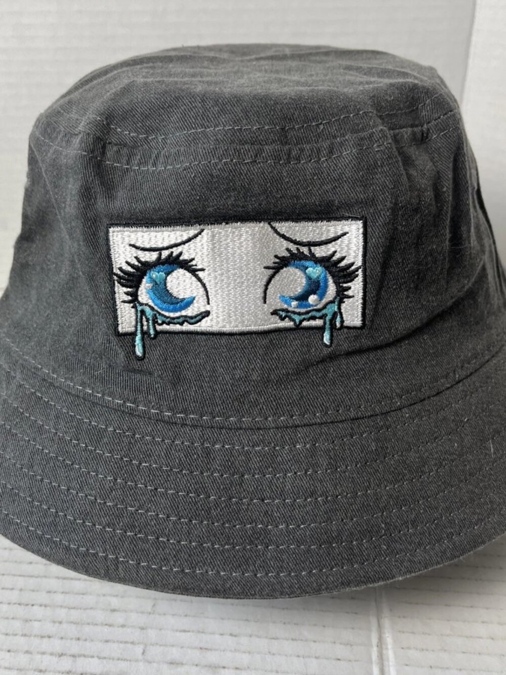 Emo Goth Bucket Hat Crying Eyes Embroidered Patch Gray Y2K Alternative